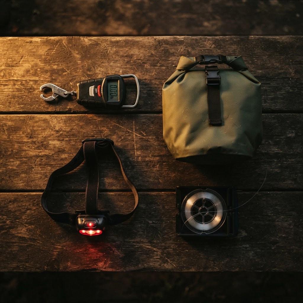 A set of fishing gear arranged on a rustic wooden surface, including an olive green dry bag, a black headlamp with a red light turned on, a digital fishing scale with a lip grip, and a fishing line spooler.