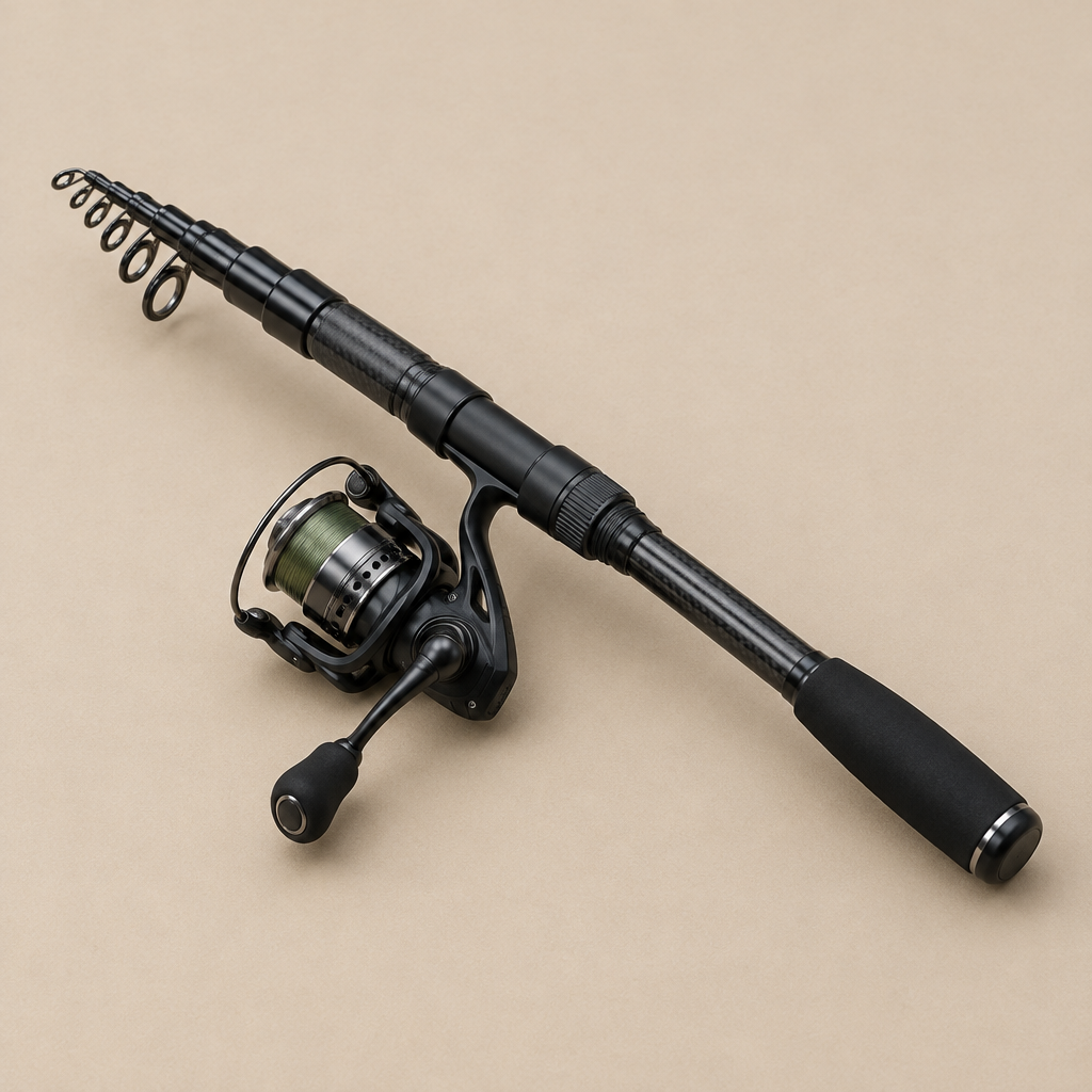 A black folding spinning fishing rod with a matching black spinning reel, shown diagonally on a solid beige background.