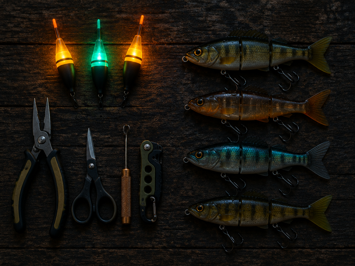 A flat-lay arrangement of fishing gear on a dark wooden surface, including three floating lures with glowing orange and green lights, four fish-shaped fishing lures, a pair of pliers, scissors, a small tool, and a folding knife.